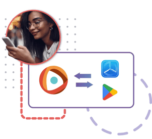 Diagram showing a smiling woman using a smartphone, alongside a flowchart illustrating compatibility or data transfer between different platforms. Arrows connect an orange app icon to both a blue icon resembling Huawei’s AppGallery and the Google Play Store icon, suggesting cross-platform functionality. Diagram showing a smiling woman using a smartphone, alongside a flowchart illustrating compatibility or data transfer between different platforms. Arrows connect an orange app icon to both a blue icon resembling Huawei’s AppGallery and the Google Play Store icon, suggesting cross-platform functionality.