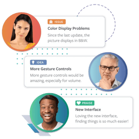 Three feedback cards displayed with user photos and categories. The first card labeled ‘Issue’ highlights a color display problem. The second card labeled ‘Idea’ suggests adding more gesture controls. The third card labeled ‘Praise’ praises a new interface for ease of use. Three feedback cards displayed with user photos and categories. The first card labeled ‘Issue’ highlights a color display problem. The second card labeled ‘Idea’ suggests adding more gesture controls. The third card labeled ‘Praise’ praises a new interface for ease of use.