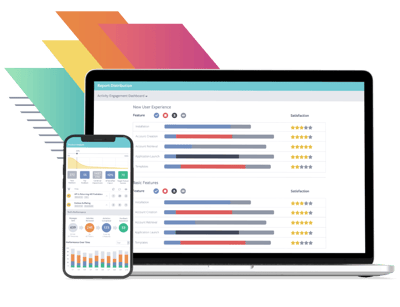 Laptop and smartphone displaying a report dashboard with colorful charts and rating metrics. The laptop screen shows detailed user engagement feedback with horizontal bar graphs and star ratings. The smartphone screen displays a similar interface with various charts and data points. Colorful geometric shapes appear in the background, enhancing the modern, data-driven aesthetic. Laptop and smartphone displaying a report dashboard with colorful charts and rating metrics. The laptop screen shows detailed user engagement feedback with horizontal bar graphs and star ratings. The smartphone screen displays a similar interface with various charts and data points. Colorful geometric shapes appear in the background, enhancing the modern, data-driven aesthetic.