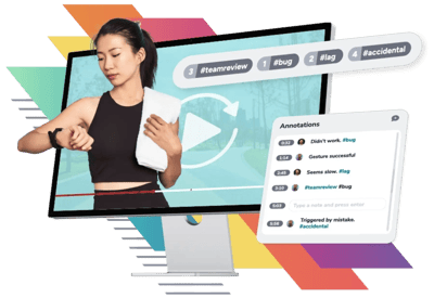 A woman wearing workout attire interacts with a smartwatch in front of a computer screen showing a video playback tool. Annotations are listed by timestamp, with labels like ‘bug,’ ‘team review,’ and ‘accidental.’ Hashtags categorize feedback for easier tracking. A woman wearing workout attire interacts with a smartwatch in front of a computer screen showing a video playback tool. Annotations are listed by timestamp, with labels like ‘bug,’ ‘team review,’ and ‘accidental.’ Hashtags categorize feedback for easier tracking.