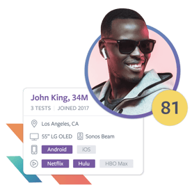 Profile card displaying a smiling man wearing sunglasses, labeled ‘John King, 34M.’ The card shows details such as location (Los Angeles, CA), devices (55” LG OLED, Sonos Beam), operating systems (Android, iOS), and streaming platforms (Netflix, Hulu). A yellow badge with ‘81’ indicates a score or rating. Profile card displaying a smiling man wearing sunglasses, labeled ‘John King, 34M.’ The card shows details such as location (Los Angeles, CA), devices (55” LG OLED, Sonos Beam), operating systems (Android, iOS), and streaming platforms (Netflix, Hulu). A yellow badge with ‘81’ indicates a score or rating.