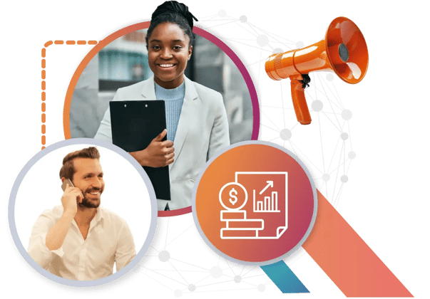 Centercode Partner Program illustration featuring professionals collaborating, with visuals representing increased revenue, growth opportunities, and effective marketing strategies.